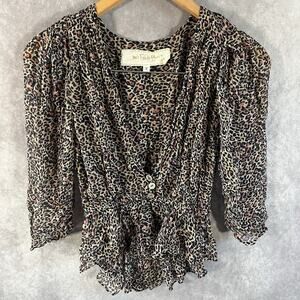 Jen's Pirate Booty Peplum Top Women Small Tan Leopard Print Ruffle V-Neck Boho